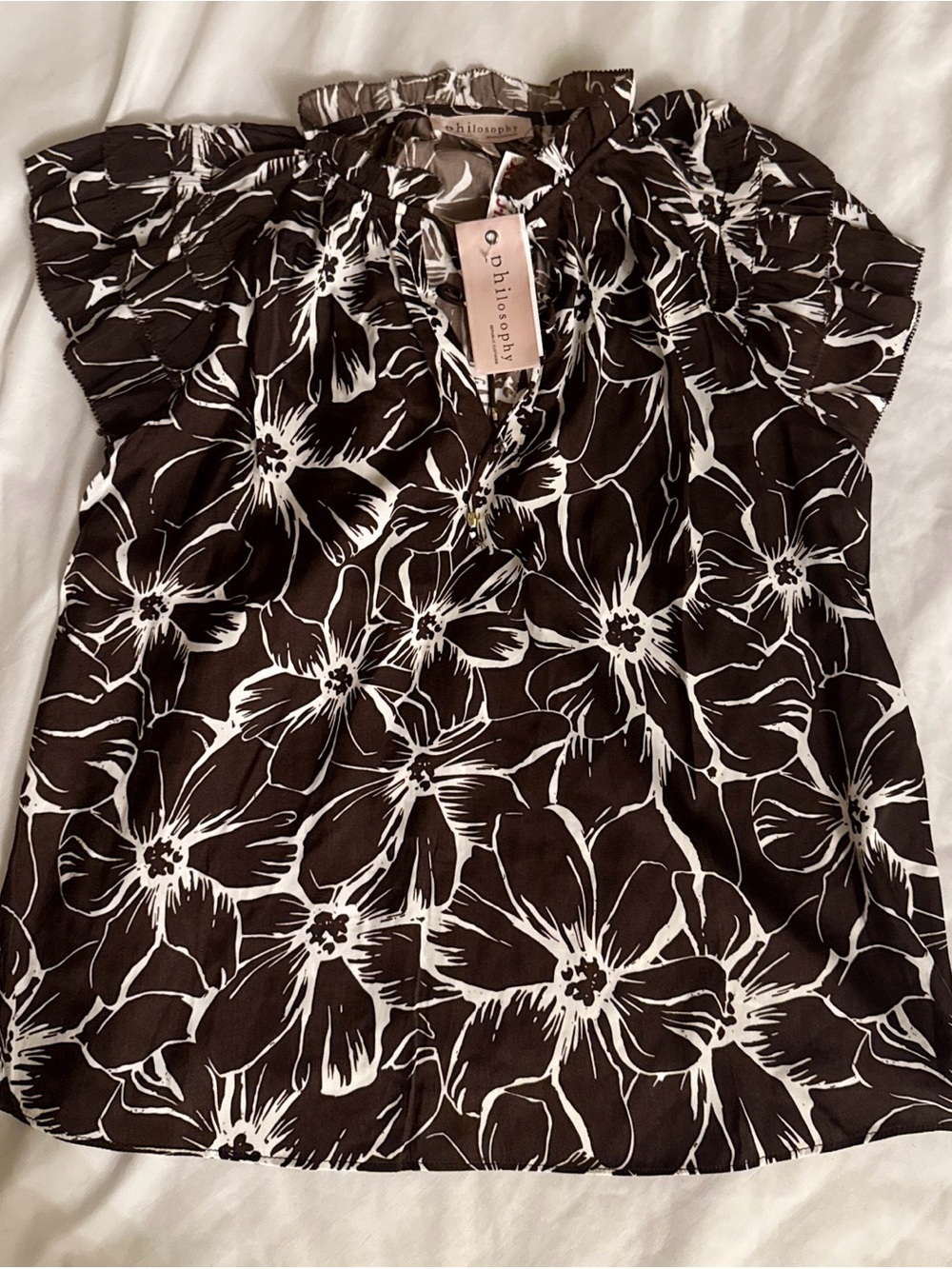 Philosophy Brown and White Floral Ruffle Cap-Sleeve Blouse